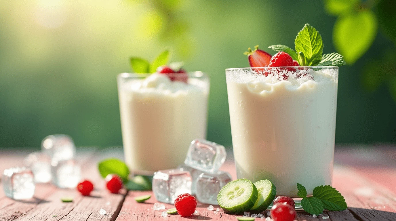 Refreshing Cold Yogurt Drink with Fruits and Mint