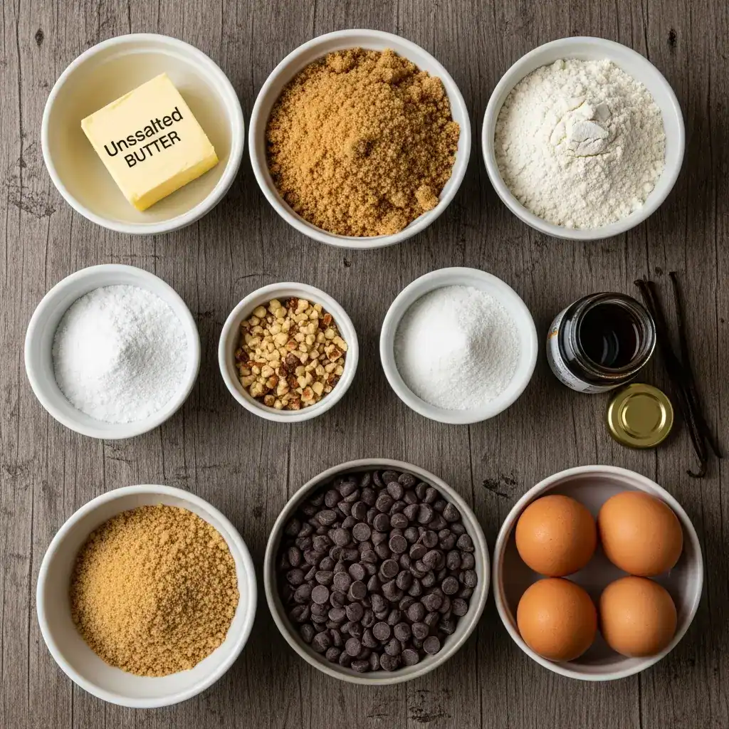 Ingredients for Millie’s chocolate chip cookies on wooden surface