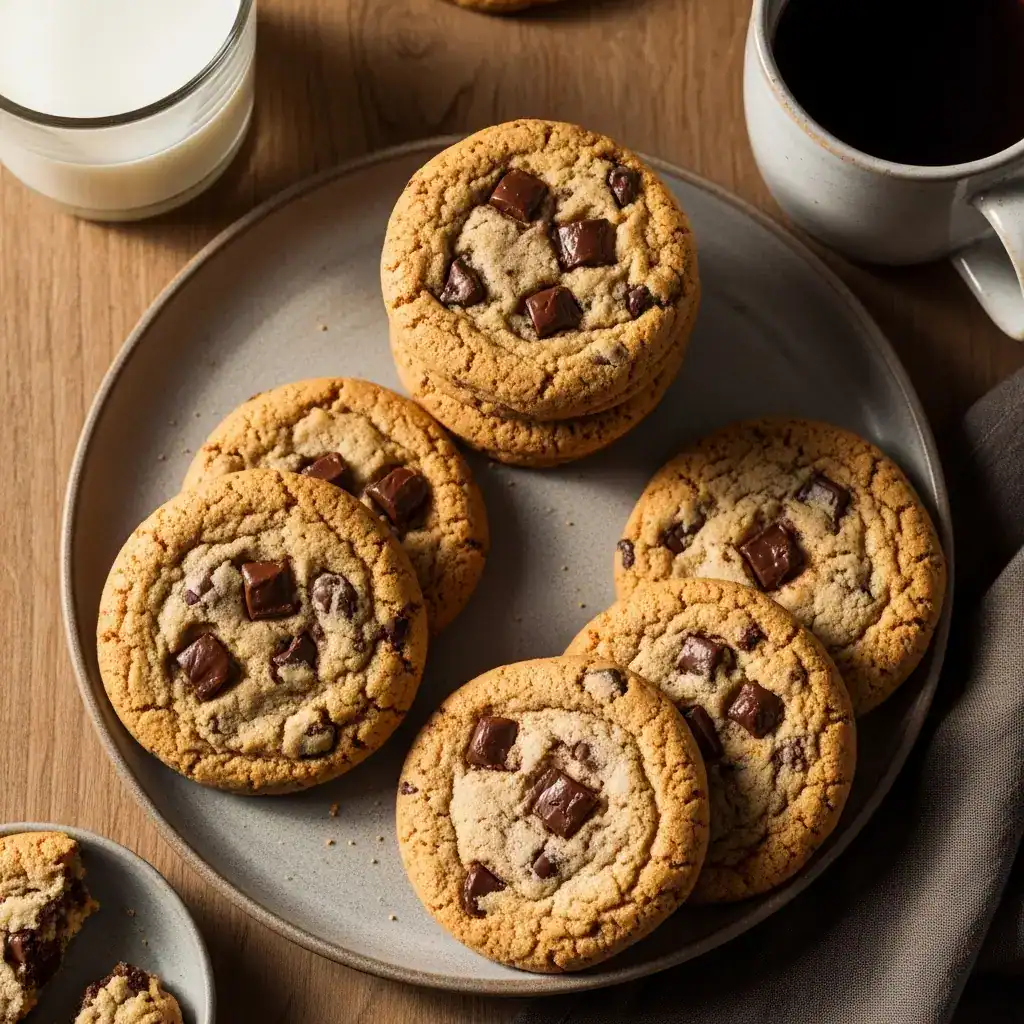 Freshly baked Millie’s chocolate chip cookies on a rustic plate with glass of milk