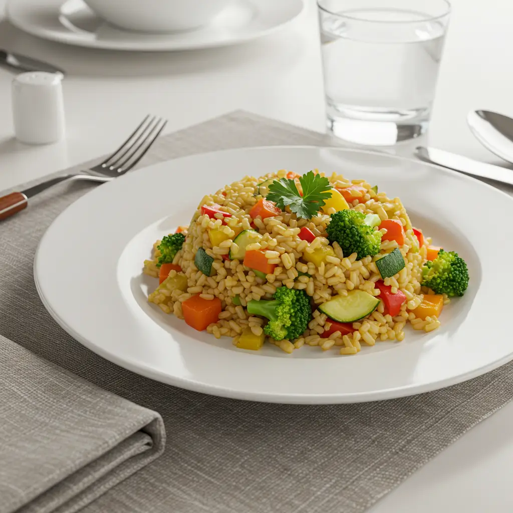 Ethnic brown rice with colorful mixed vegetables served in a rustic bowl