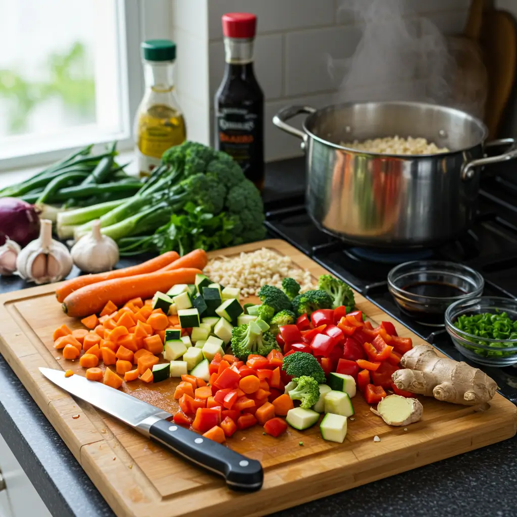 Ethnic brown rice with colorful mixed vegetables served in a rustic bowl