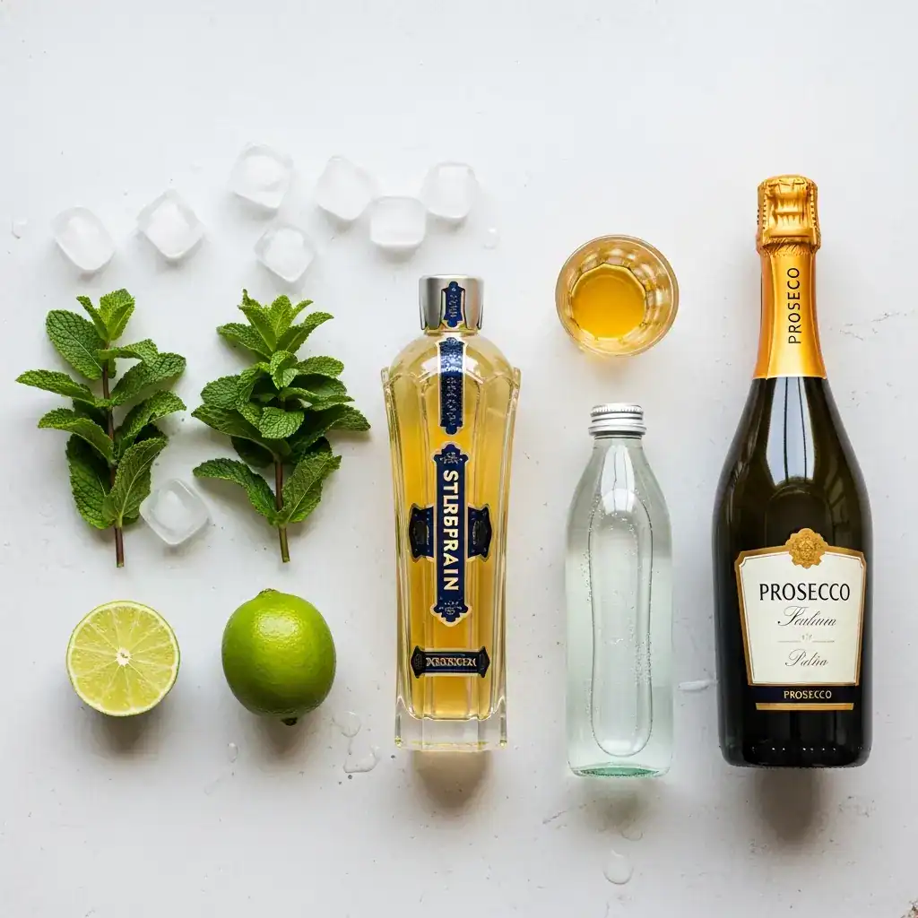 Three refreshing Hugo Spritz cocktails served in wine glasses with ice, lime slices, and mint leaves on a sunny wooden table.