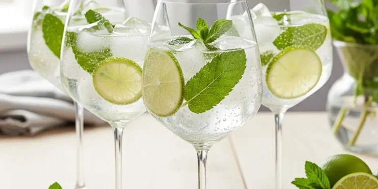 Three refreshing Hugo Spritz cocktails served in wine glasses with ice, lime slices, and mint leaves on a sunny wooden table.
