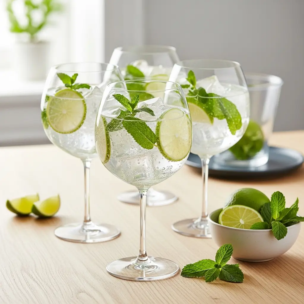 Three refreshing Hugo Spritz cocktails served in wine glasses with ice, lime slices, and mint leaves on a sunny wooden table.