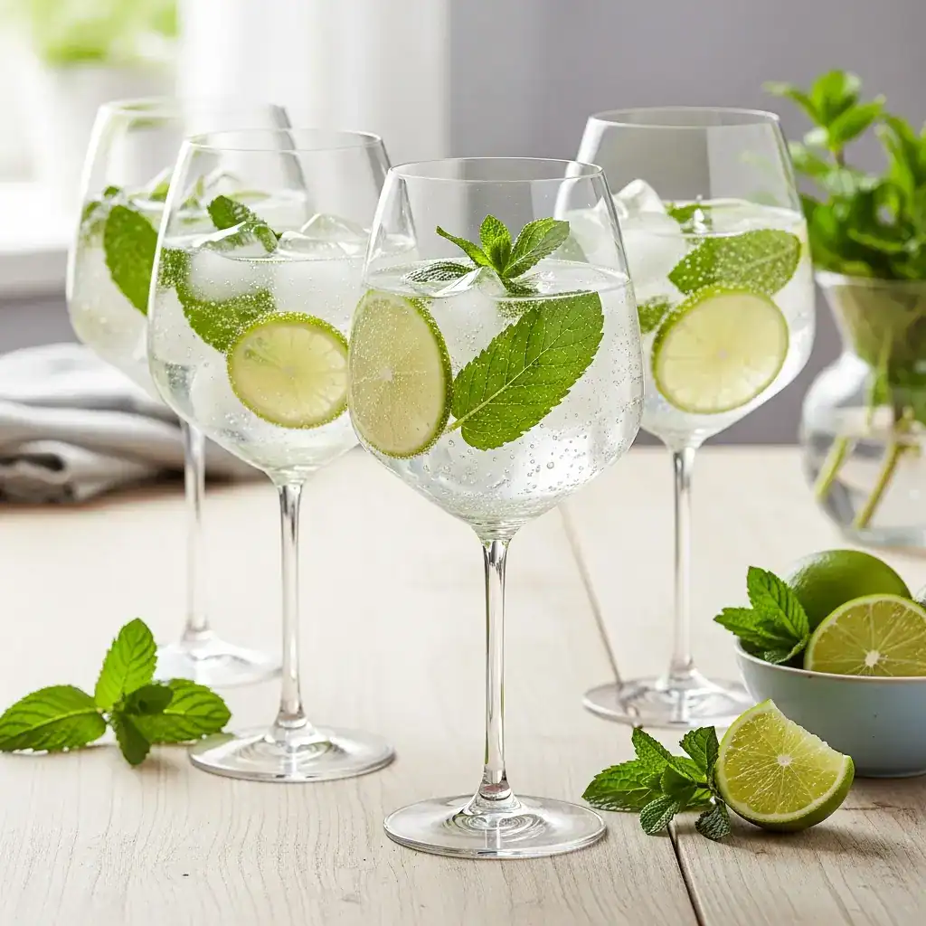 Three refreshing Hugo Spritz cocktails served in wine glasses with ice, lime slices, and mint leaves on a sunny wooden table.