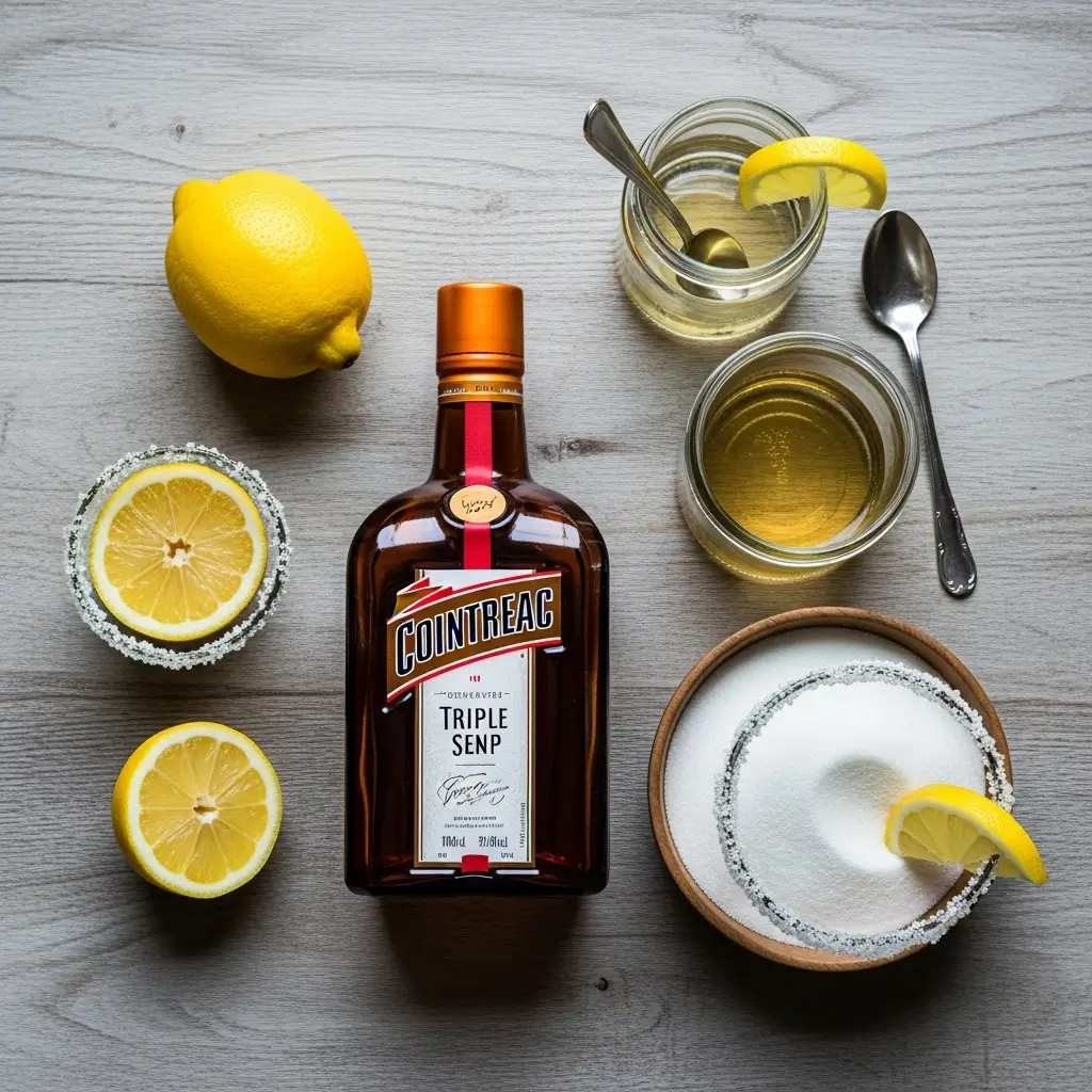 Non-alcoholic ingredients for a Lemon Drop mocktail including fresh lemons, triple sec, simple syrup, and sugar.