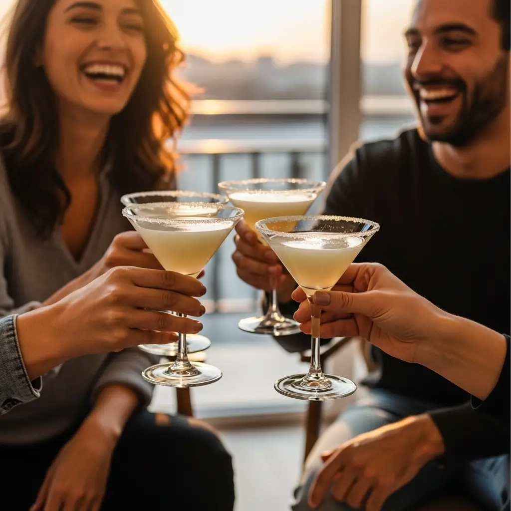 Overhead view of a wooden tray with three prepared Lemon Drop Martinis, a pitcher of extra cocktail, and lemon garnishes