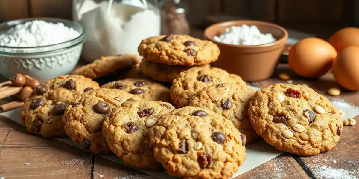 Freshly baked Millie’s chocolate chip cookies on a rustic plate with glass of milk