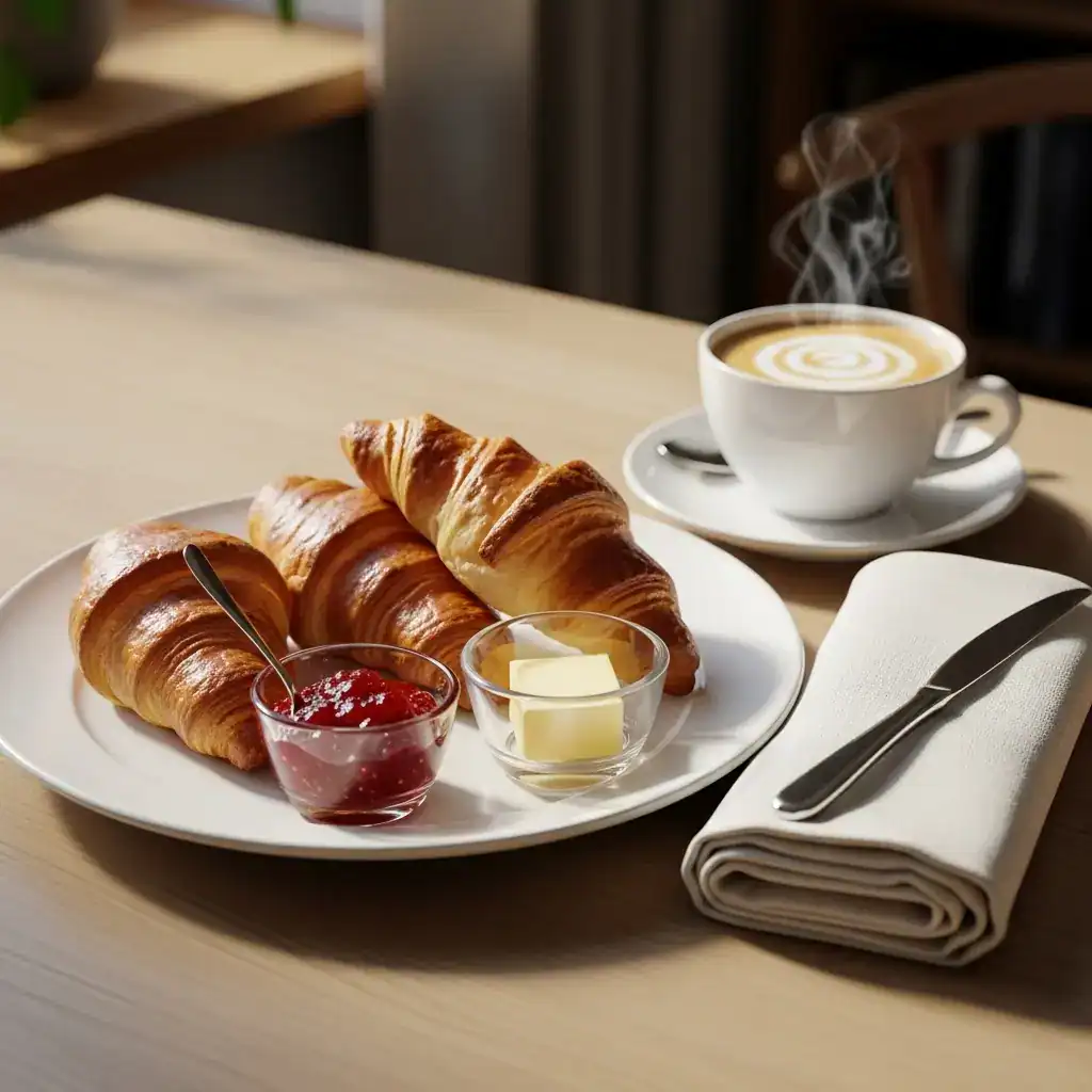 Plate of freshly baked Swiss Gipfeli croissants served with butter and jam on a breakfast table with a cup of coffee.