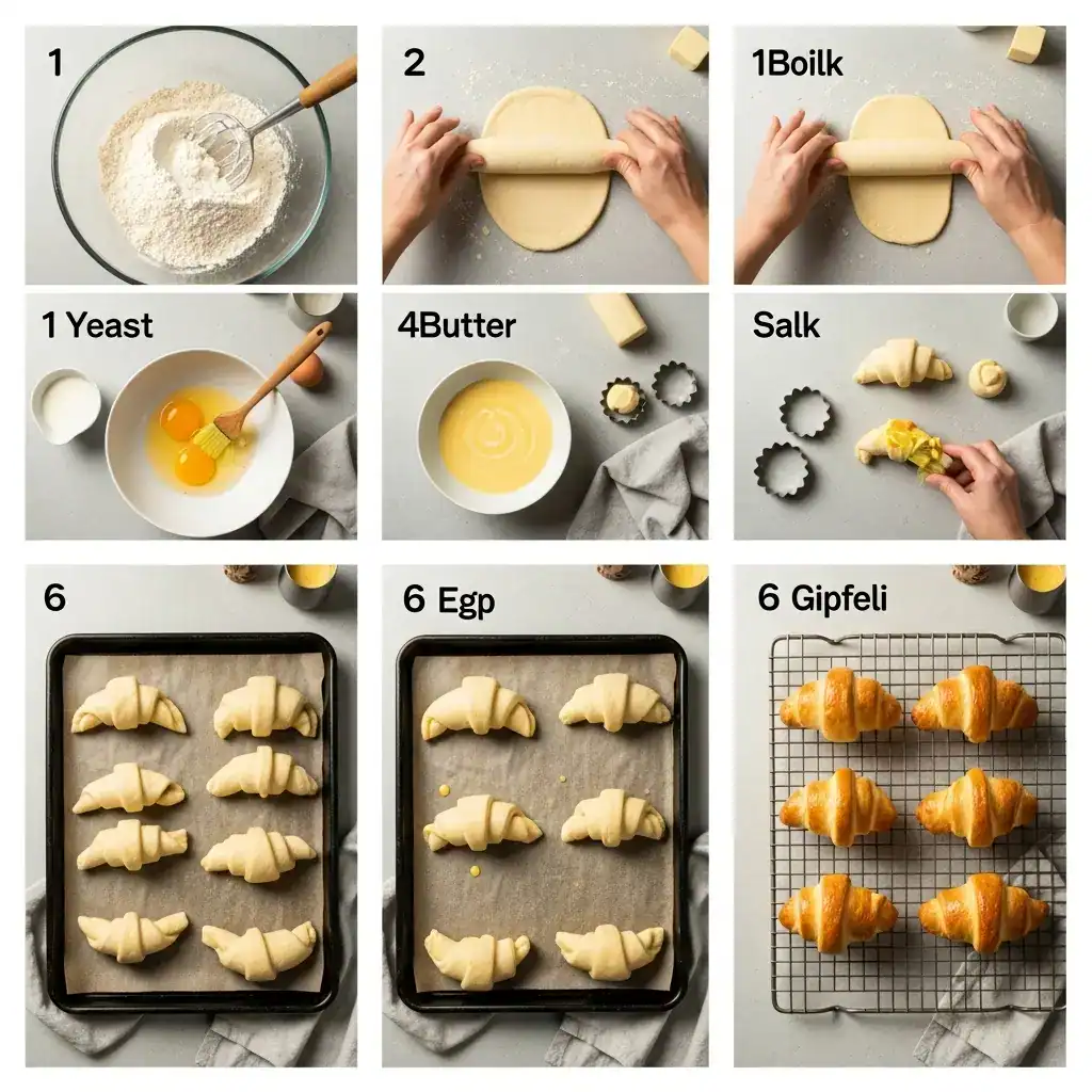 Plate of freshly baked Swiss Gipfeli croissants served with butter and jam on a breakfast table with a cup of coffee.