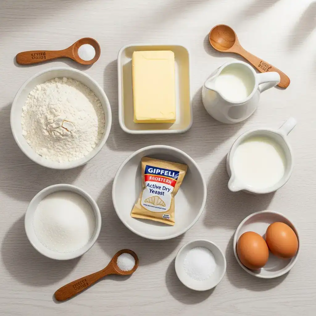 Plate of freshly baked Swiss Gipfeli croissants served with butter and jam on a breakfast table with a cup of coffee.