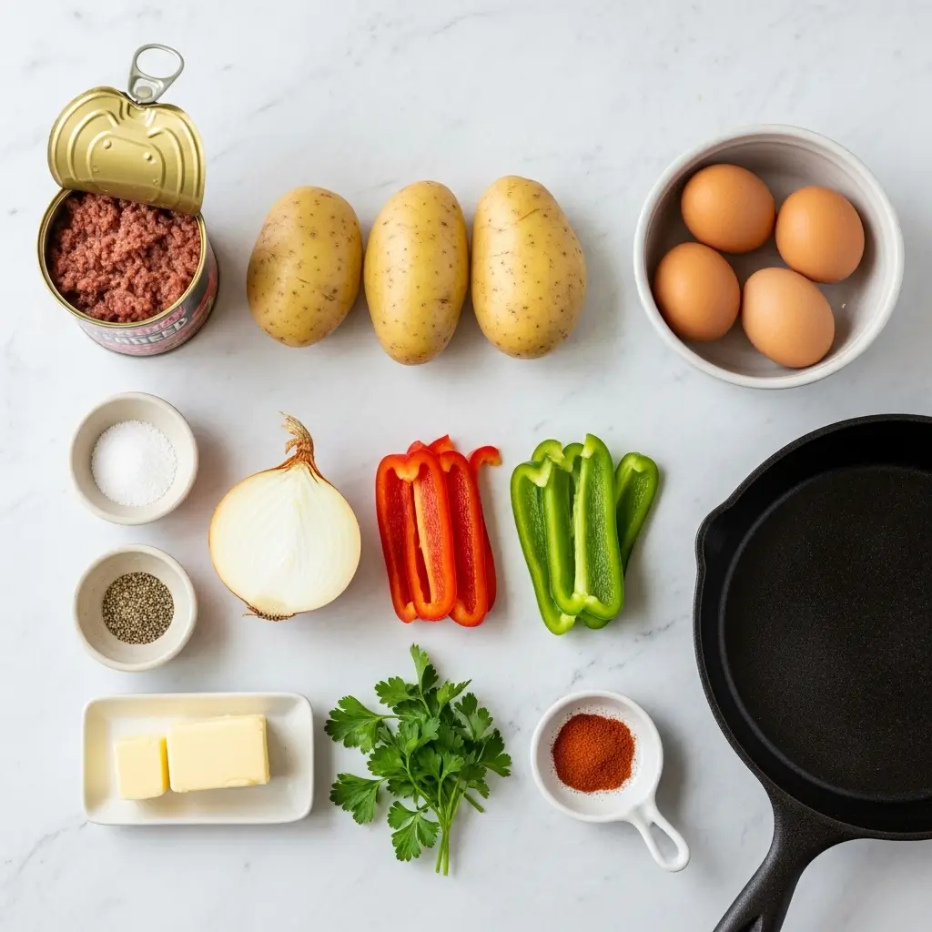 Crispy corned beef hash and eggs served in a cast iron skillet with golden-brown 
potatoes, topped with sunny-side up eggs with runny yolks, garnished with fresh parsley