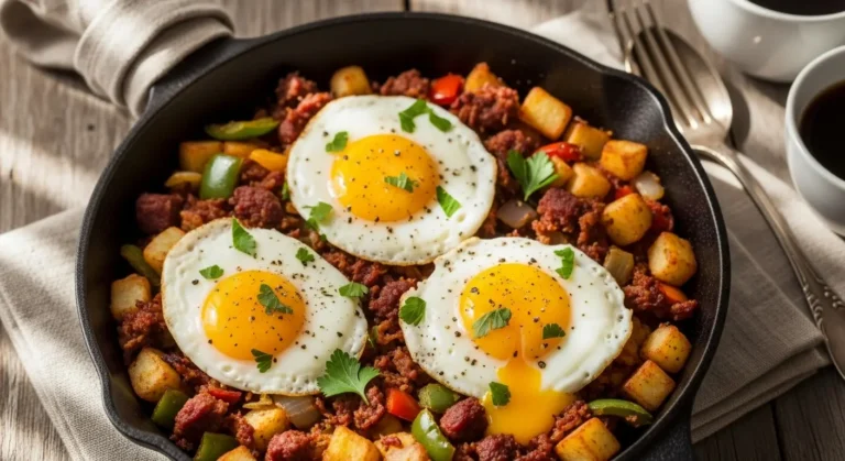 Crispy corned beef hash and eggs served in a cast iron skillet with golden-brown potatoes, topped with sunny-side up eggs with runny yolks, garnished with fresh parsley