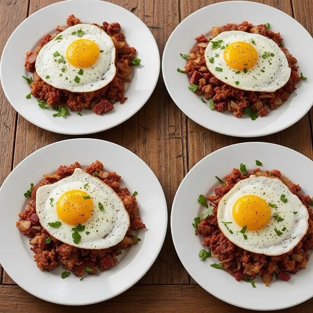 Crispy corned beef hash and eggs served in a cast iron skillet with golden-brown 
potatoes, topped with sunny-side up eggs with runny yolks, garnished with fresh parsley