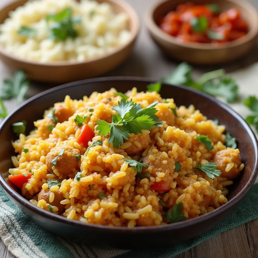 "Colorful ethnic brown rice with mixed vegetables served in a bowl"