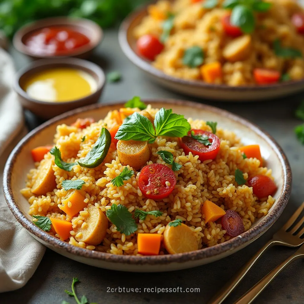 "Colorful ethnic brown rice with mixed vegetables served in a bowl"