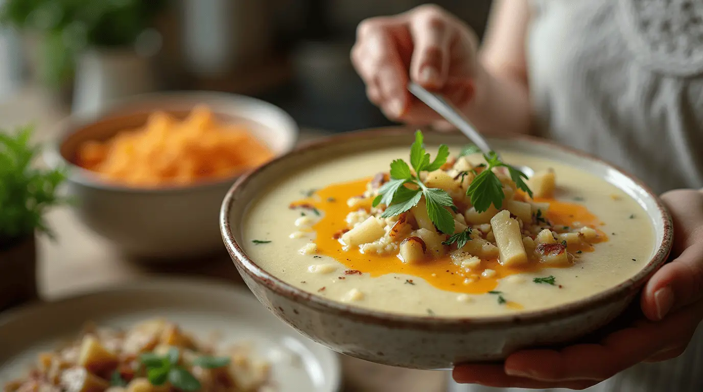 "Delicious bowl of leek and potato soup garnished with fresh herbs, served with rustic bread.