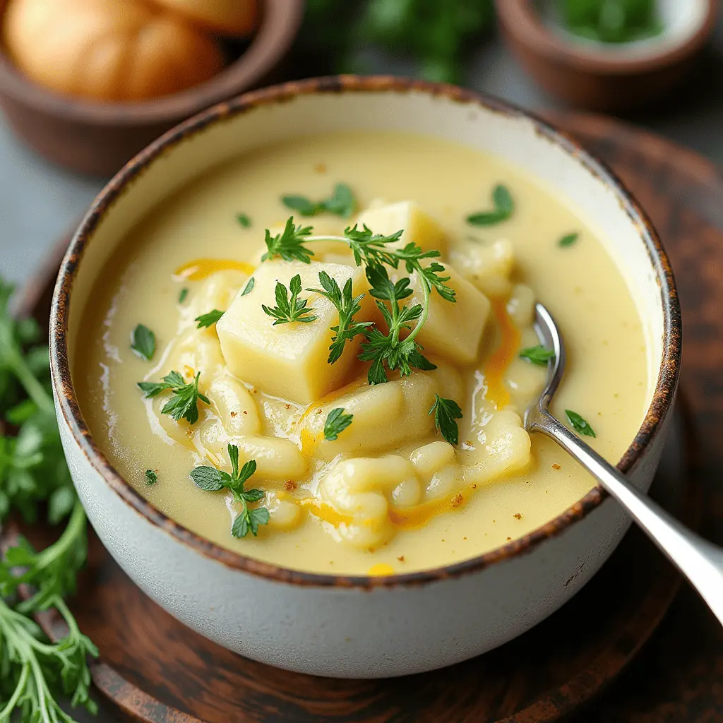 "Delicious bowl of leek and potato soup garnished with fresh herbs, served with rustic bread."

