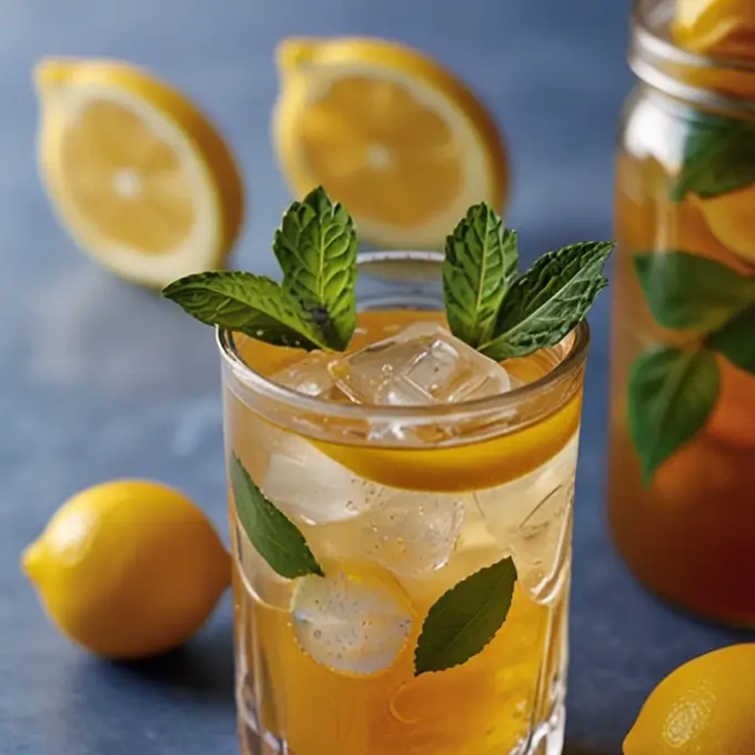 "Refreshing Arnold Palmer drink with iced tea and lemonade served with lemon slices and mint.

