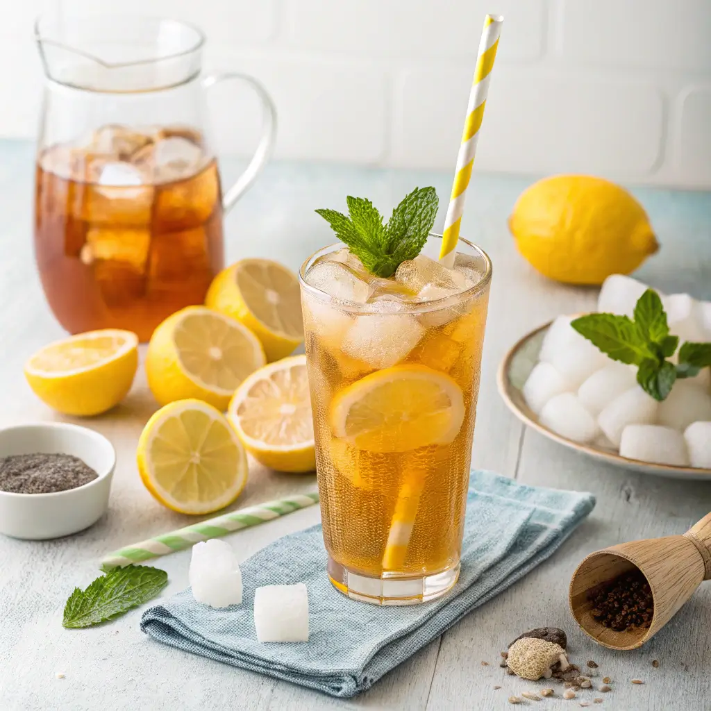 "Refreshing Arnold Palmer drink with iced tea and lemonade served with lemon slices and mint."