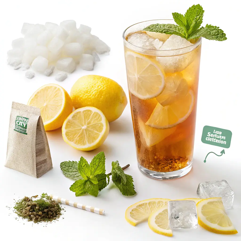 "Refreshing Arnold Palmer drink with iced tea and lemonade served with lemon slices and mint.