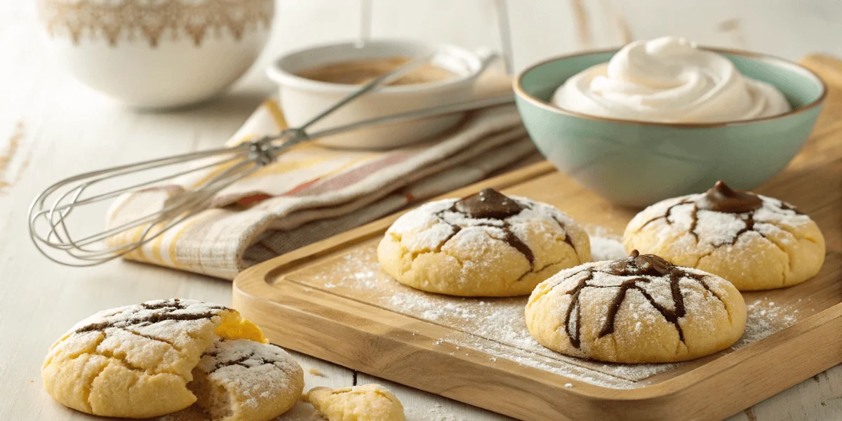 Golden Cool Whip Cookies dusted with powdered sugar and chocolate drizzle on a rustic wooden tray, surrounded by baking tools