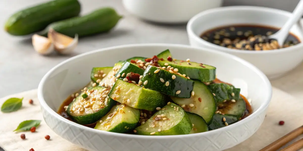 Delicious Din Tai Fung cucumber recipe with soy sauce, chili oil, and sesame seeds, served in a white ceramic bowl.