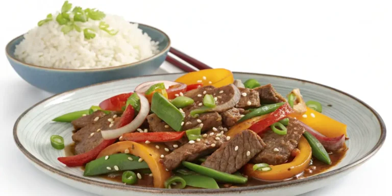 Delicious thin sliced beef stir-fry with vibrant vegetables and steamed rice.