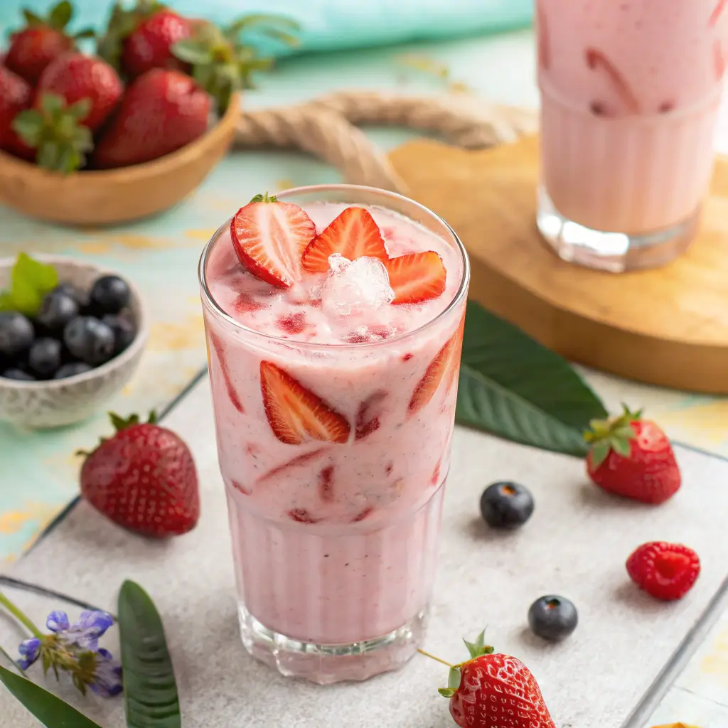 Homemade pink drink recipe with coconut milk, strawberries, and acai, served over ice in a clear glass.

