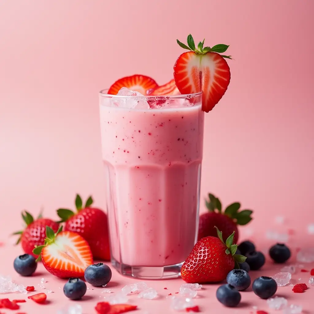 Homemade pink drink recipe with coconut milk, strawberries, and acai, served over ice in a clear glass.