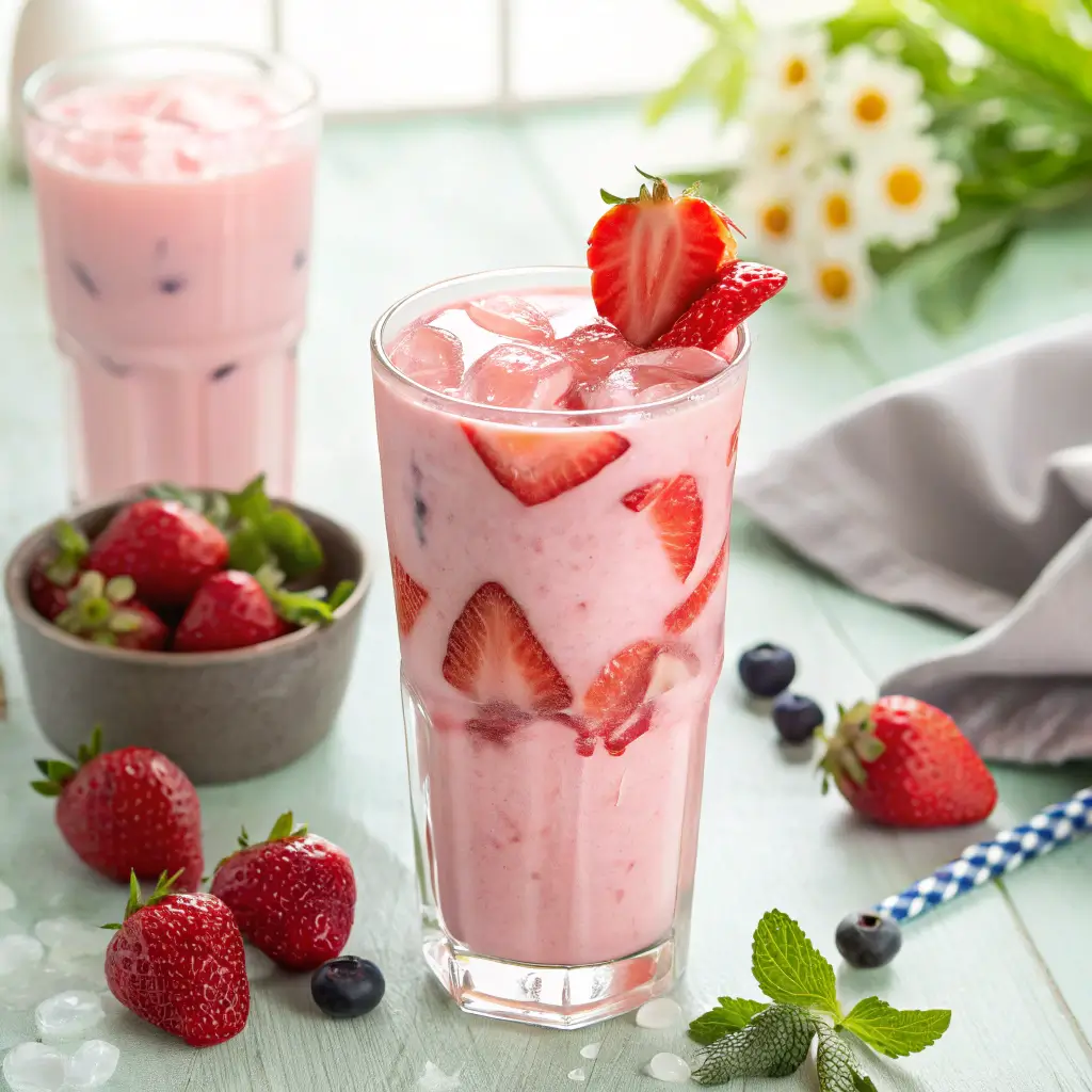 Homemade pink drink recipe with coconut milk, strawberries, and acai, served over ice in a clear glass.

