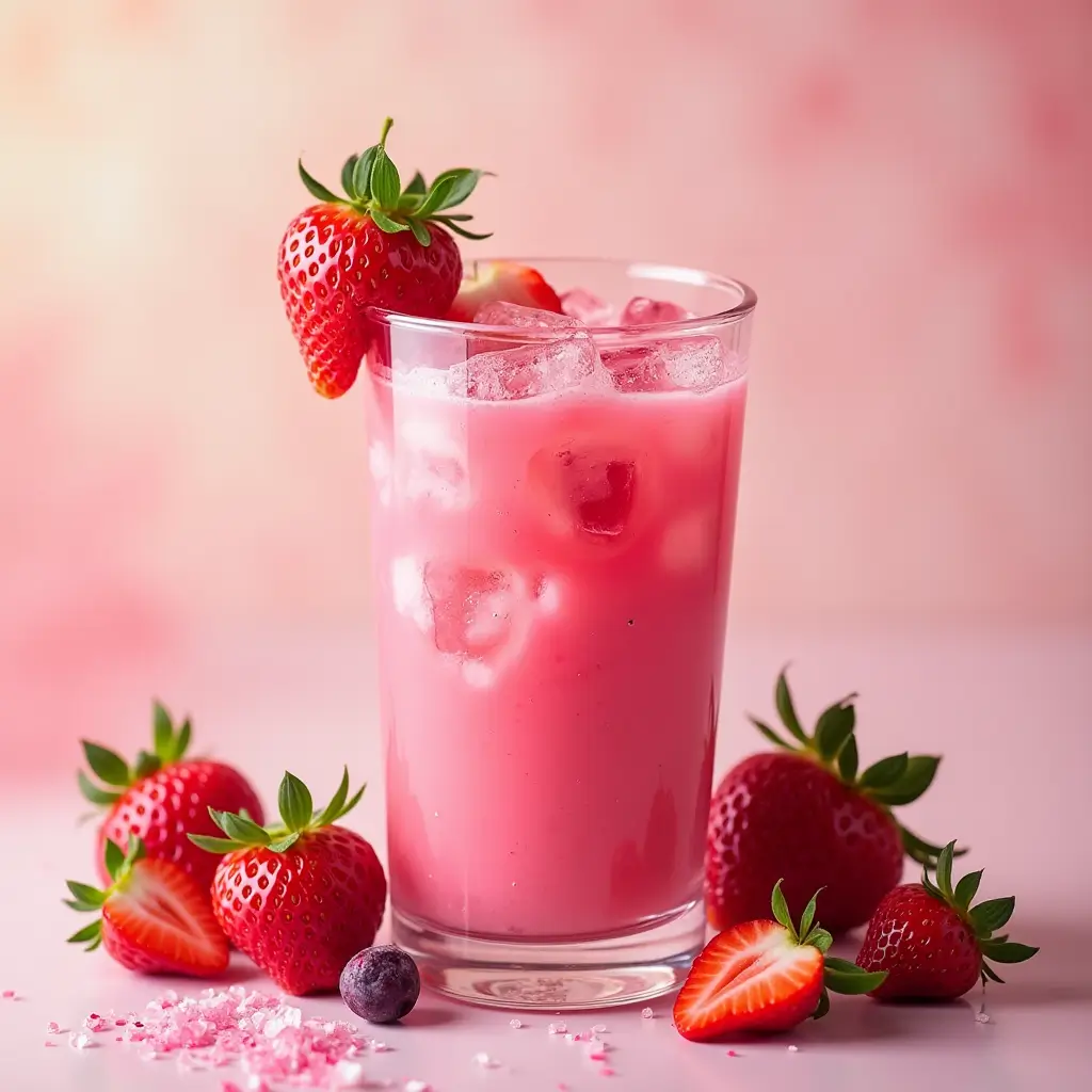 Homemade pink drink recipe with coconut milk, strawberries, and acai, served over ice in a clear glass.