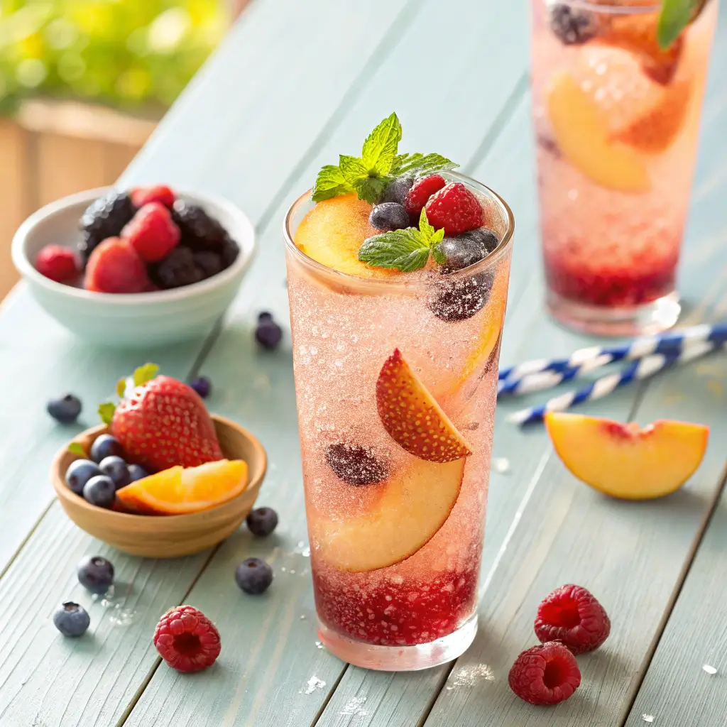 A collection of refreshing peach drink recipes including peach smoothies, peach cocktails, and peach-infused mocktails with garnishes.