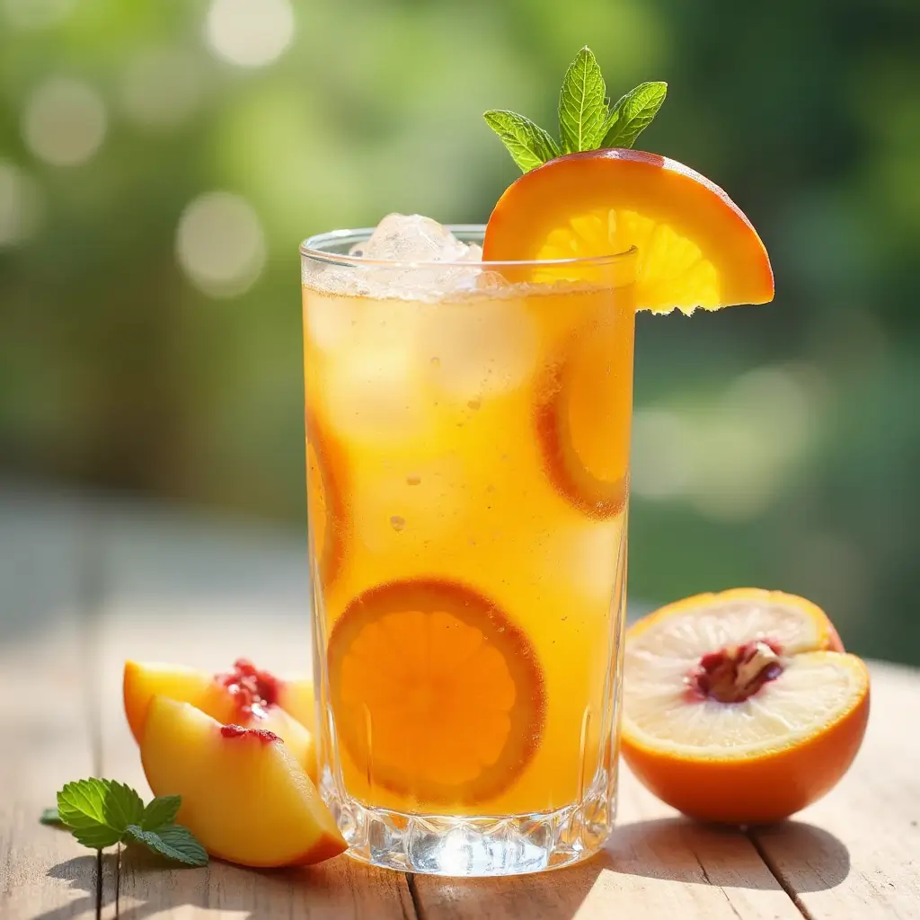 Peach andA collection of refreshing peach drink recipes including peach smoothies, peach cocktails, and peach-infused mocktails with garnishes. Citrus Spritzer