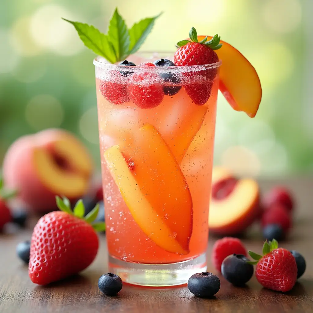 A collection of refreshing peach drink recipes including peach smoothies, peach cocktails, and peach-infused mocktails with garnishes.