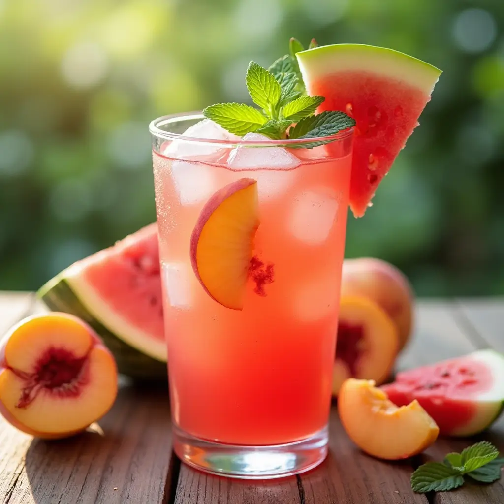 A collection of refreshing peach drink recipes including peach smoothies, peach cocktails, and peach-infused mocktails with garnishes.