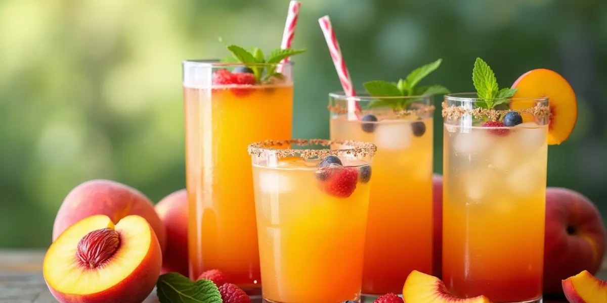 A collection of refreshing peach drink recipes including peach smoothies, peach cocktails, and peach-infused mocktails with garnishes