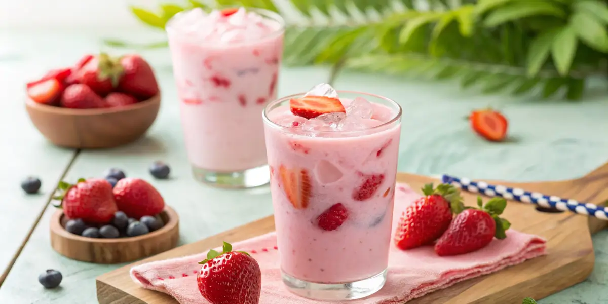 Homemade pink drink recipe with coconut milk, strawberries, and acai, served over ice in a clear glass.