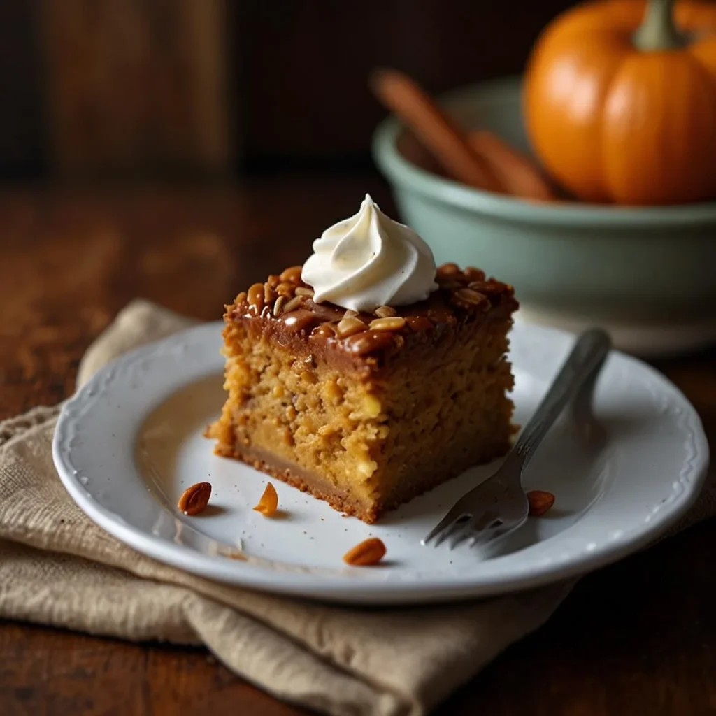 "Delicious pumpkin dump cake with a golden topping and creamy pumpkin filling, perfect for fall."

