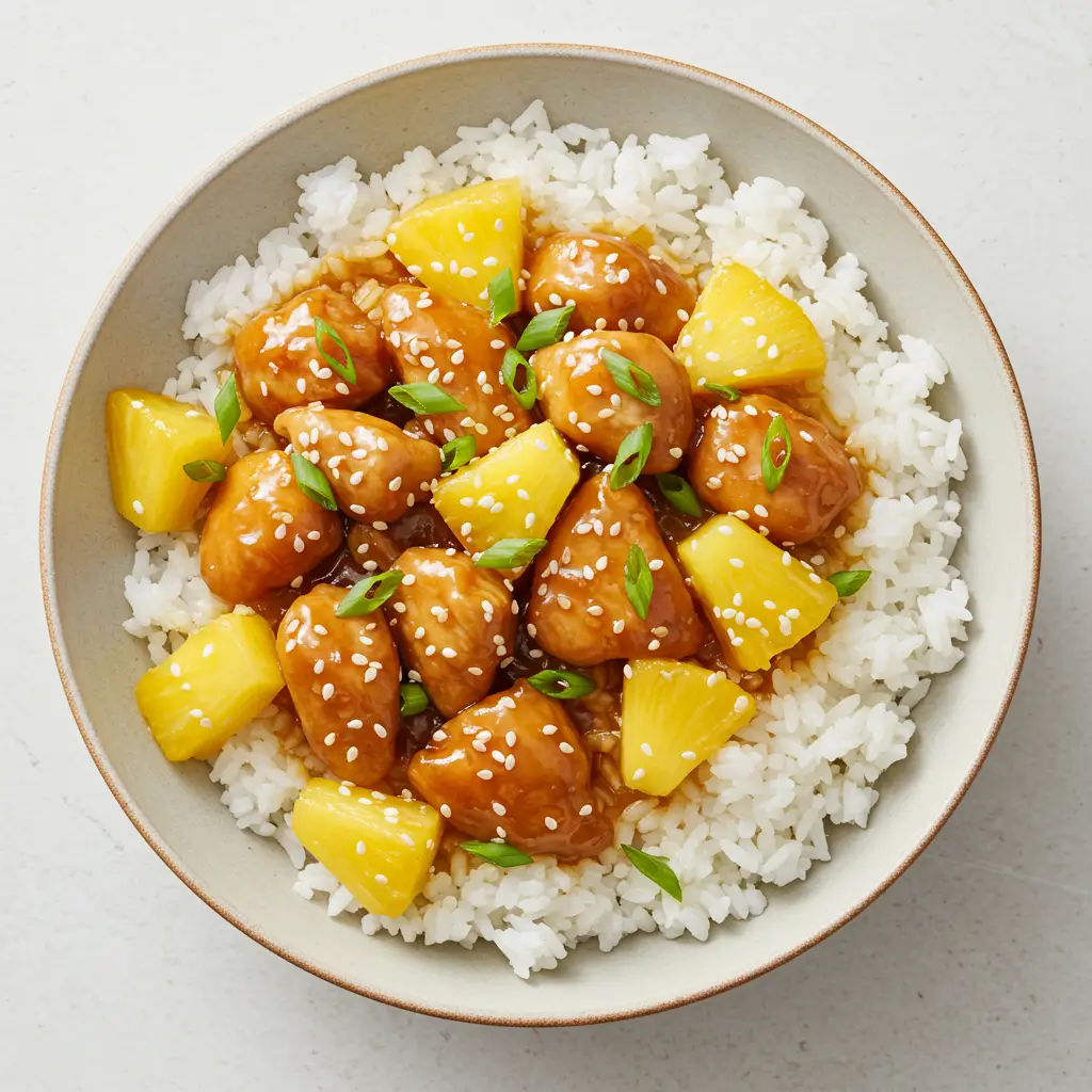 "Pineapple Chicken and Rice served on a plate with fresh pineapple chunks"