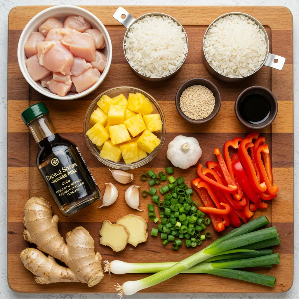 Hawaiian-inspired Pineapple Chicken and Rice dish with colorful vegetables