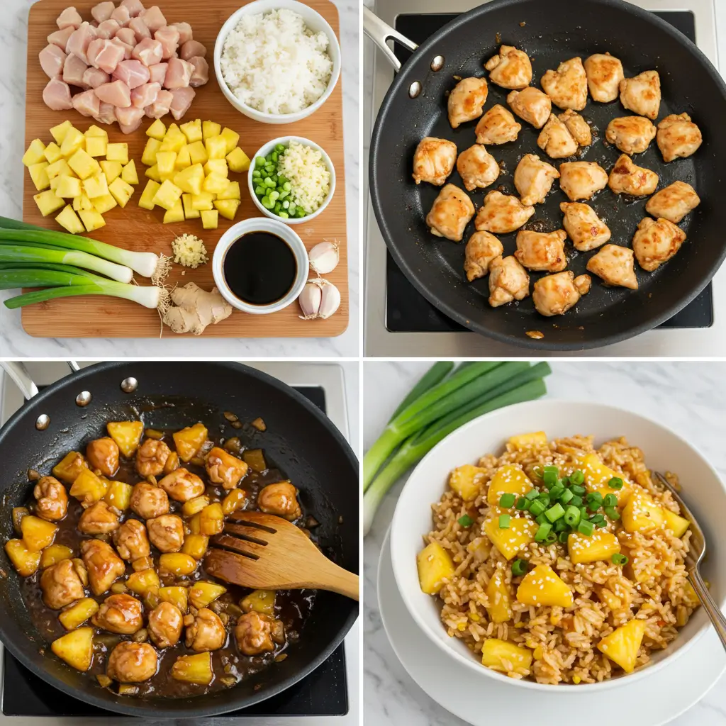 Pineapple Chicken and Rice served on a plate with fresh pineapple chunks"