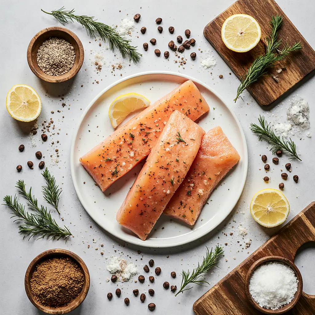 Flat lay composition of smoked fish brine ingredients including kosher salt, maple syrup, brown sugar, fresh dill, garlic, lemon slices, bay leaves, and smoked salmon fillets arranged on rustic wooden surface
