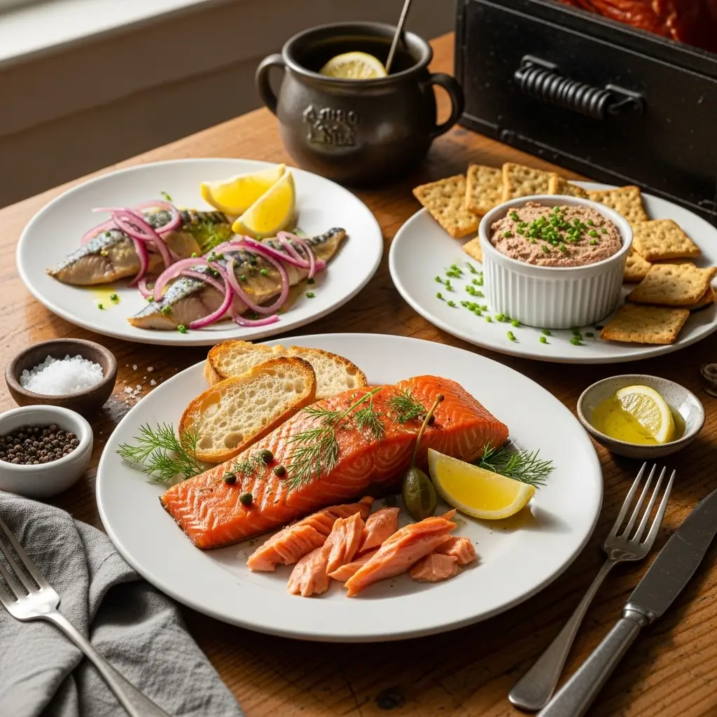 Fine dining presentation of smoked salmon fillets plated individually with lemon wedges, fresh dill garnish, microgreens, and capers, served with white wine and artisanal bread