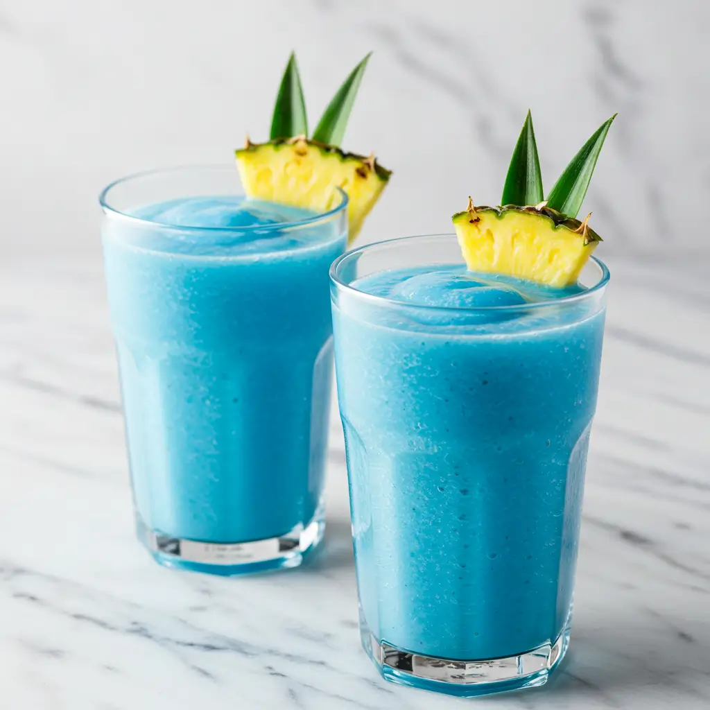 Two glasses filled with bright blue Piña Colada smoothies, garnished with pineapple leaves, sitting on a clean surface.