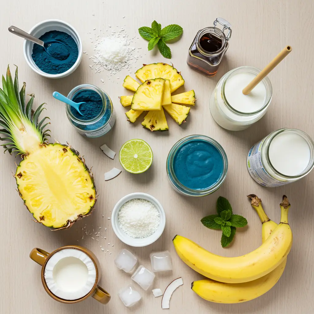 Two glasses filled with bright Healthy Blue Piña Colada Smoothie, garnished with pineapple leaves, sitting on a clean surface.