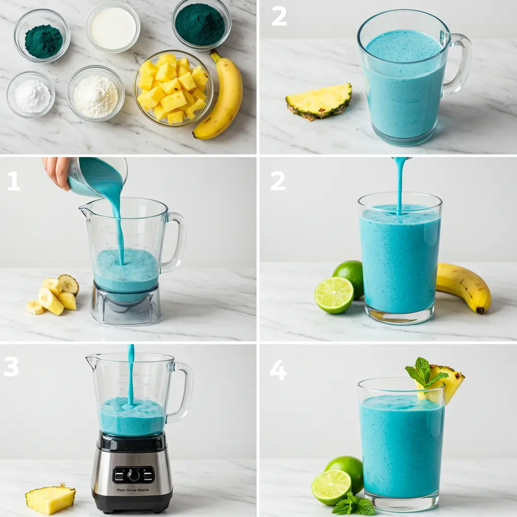 Two glasses filled with bright Healthy Blue Piña Colada Smoothie, garnished with pineapple leaves, sitting on a clean surface.