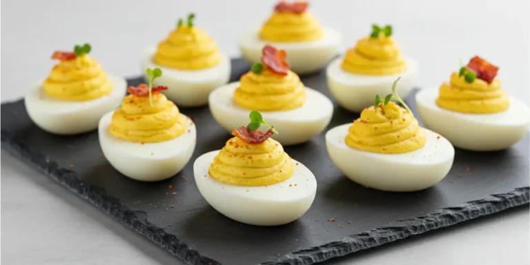 Close-up of several classic deviled eggs arranged on a white platter. Each egg half features a swirl of creamy yellow filling, garnished with red paprika and finely chopped green herbs.