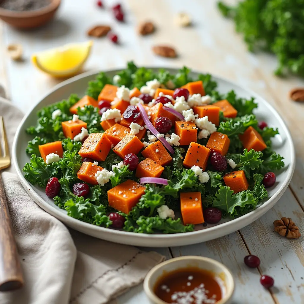 Fresh Sweet Potato Kale Salad with Feta and Cranberries

