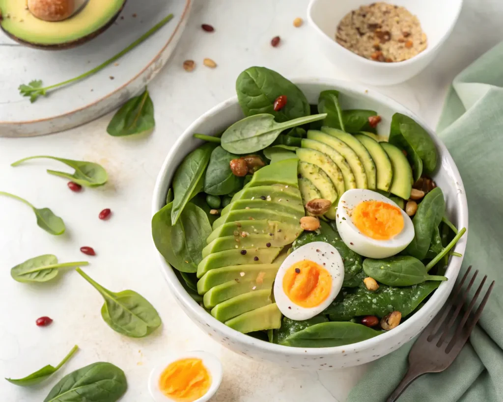 Healthy avocado egg and spinach salad in white bowl with sliced avocado and hard-boiled eggs on fresh spinach leaves